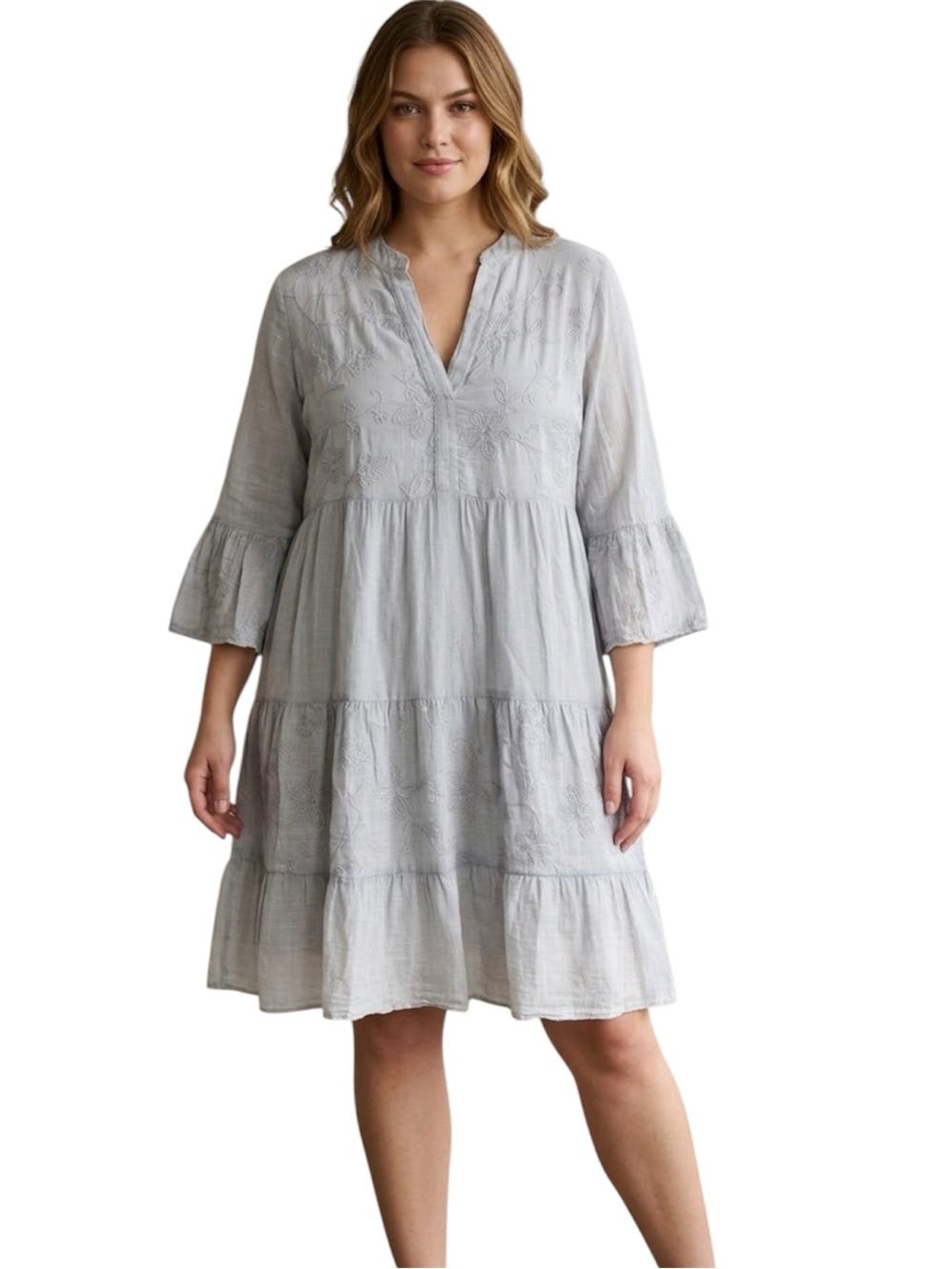 Via Vitale Linen Cotton Blend Embroidered Tiered Dress Made in Italy Size Xlarge